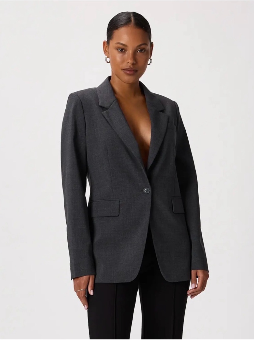 Quince Italian Wool Long Blazer Small Coal Melange Gray NWT